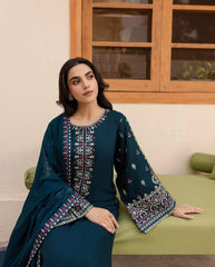 Teal Embroidered Winter Linen 3-Piece Suit with Embroidered Dupatta