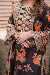 Black Floral Printed & Embroidered Winter Silk 3-Piece Suit