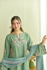 Sage Green Embroidered Winter Stone Linen 3-Piece Suit with Pink Trousers
