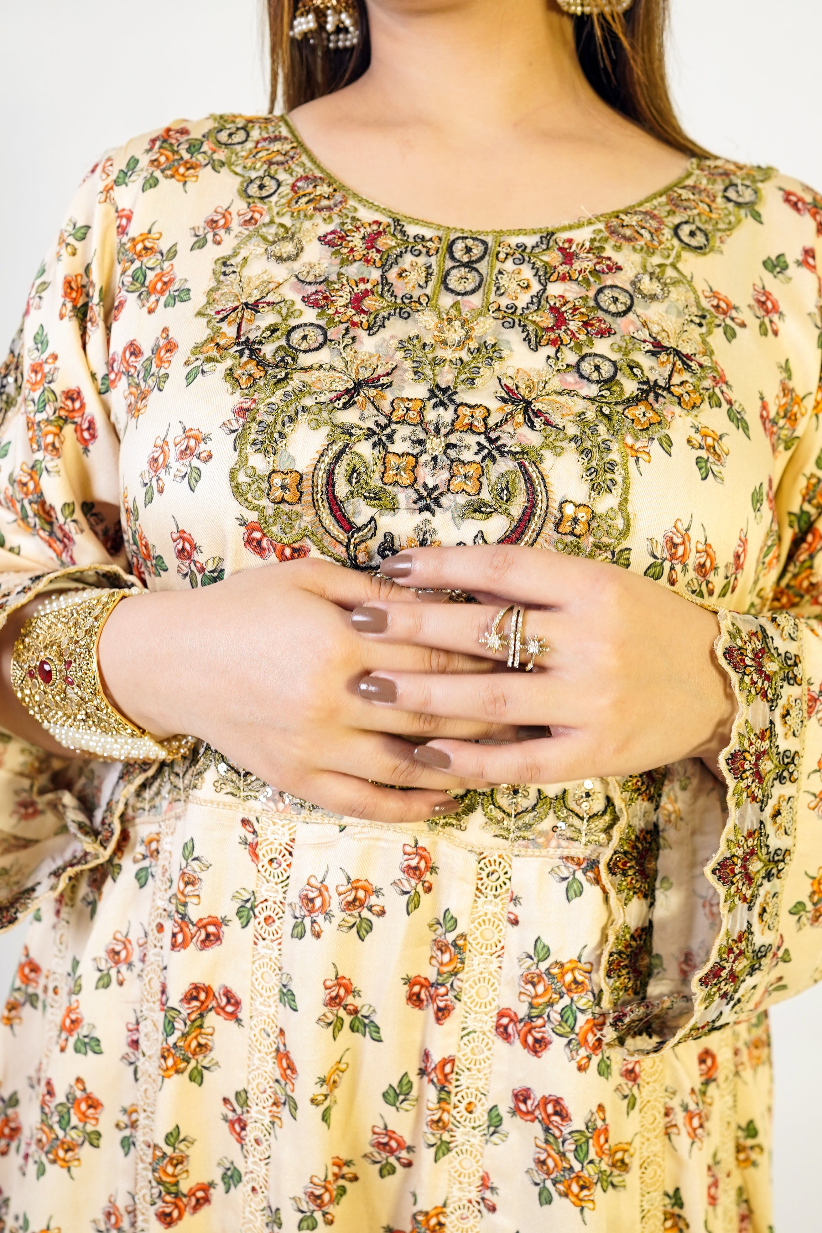 Beige Golden Floral Maxi Dress - Embroidered Ethnic Elegance