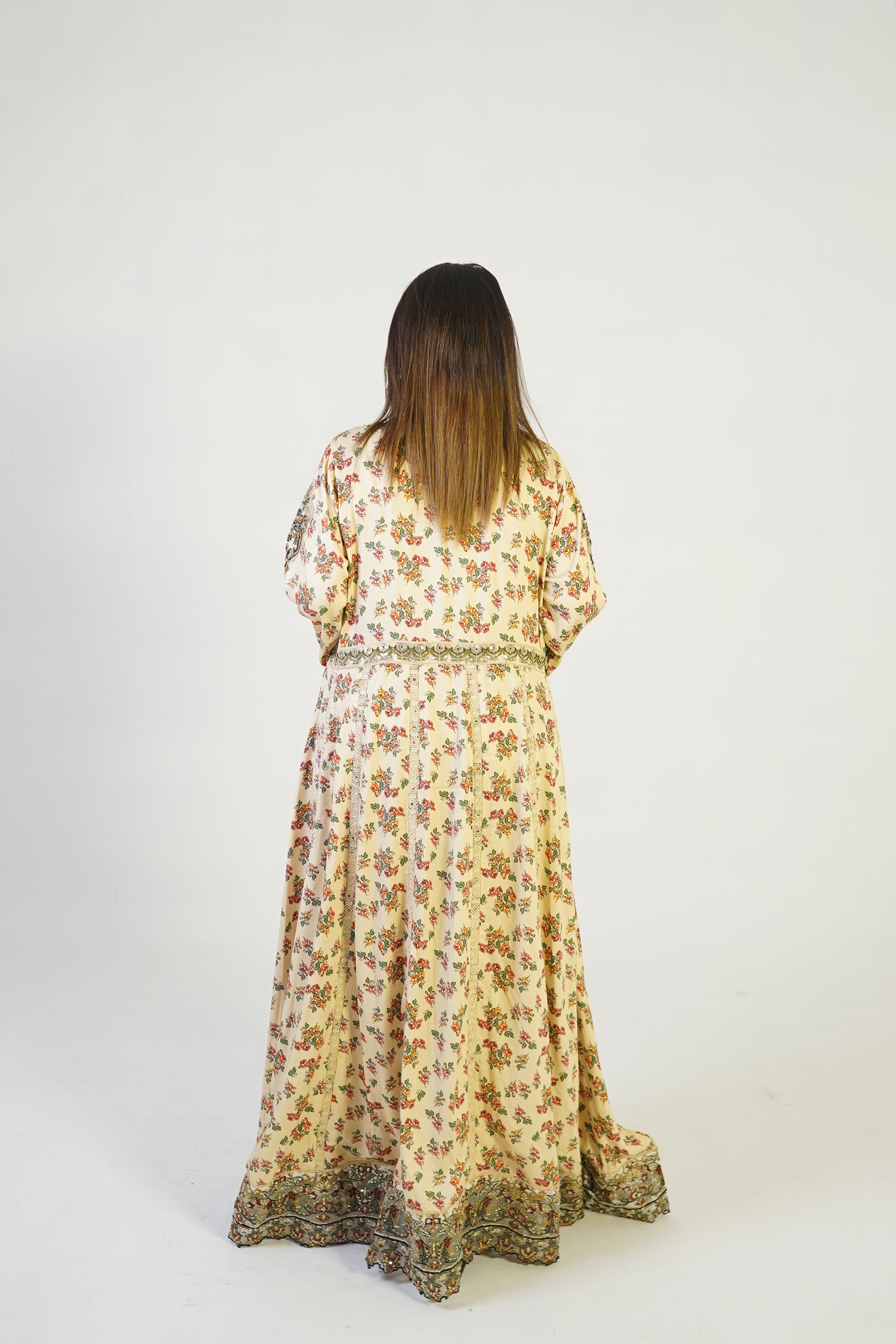 Beige Golden Floral Maxi Dress - Embroidered Ethnic Elegance