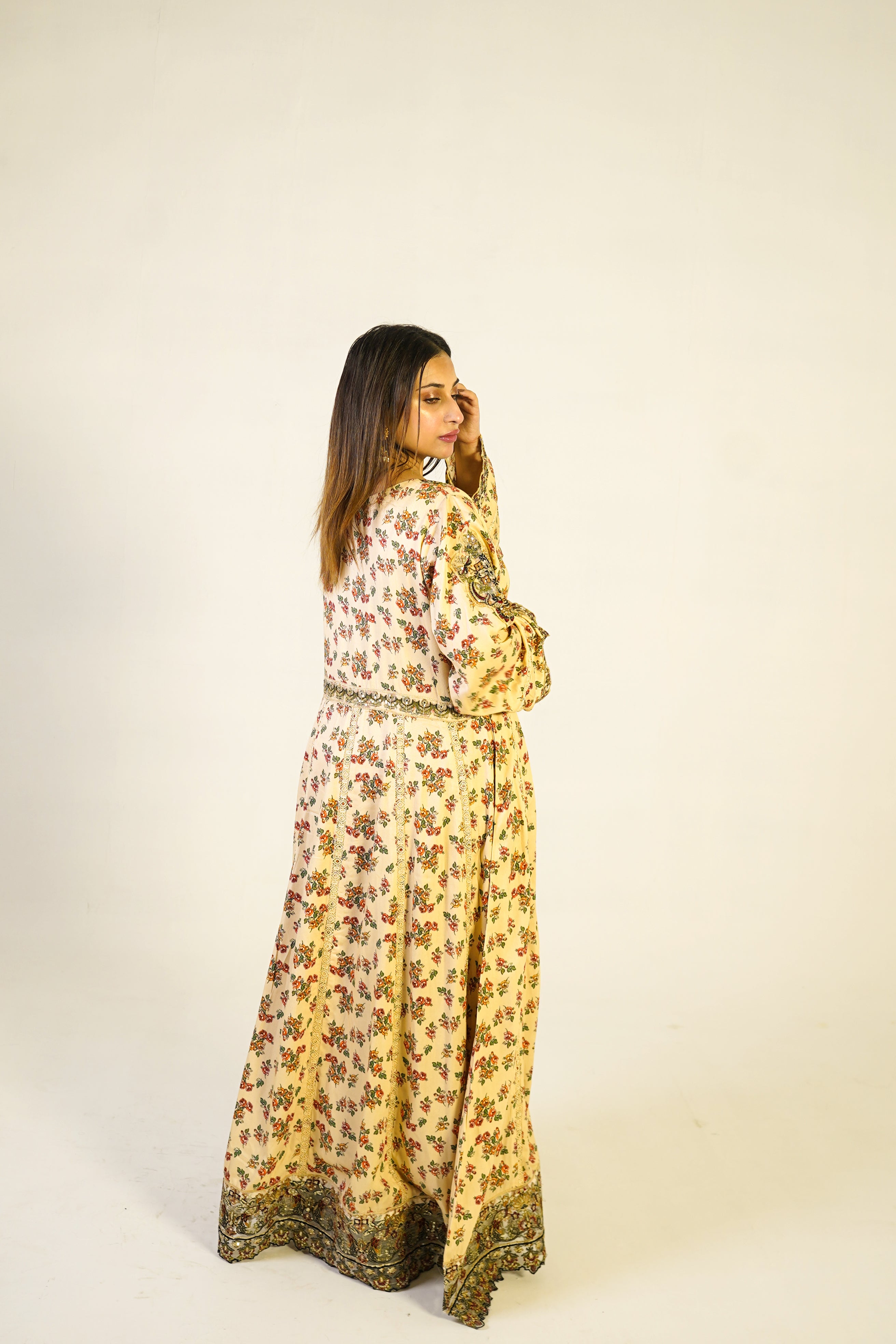 Beige Golden Floral Maxi Dress - Embroidered Ethnic Elegance