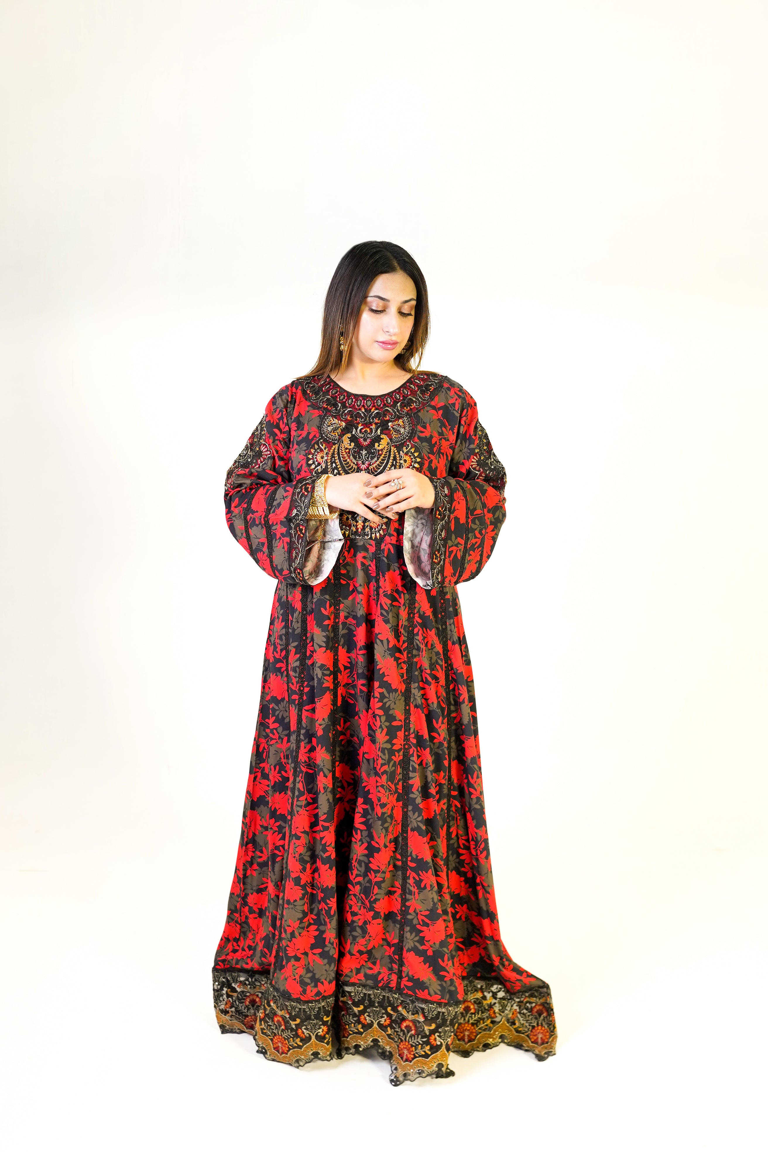 Red & Black Floral Winter Gown