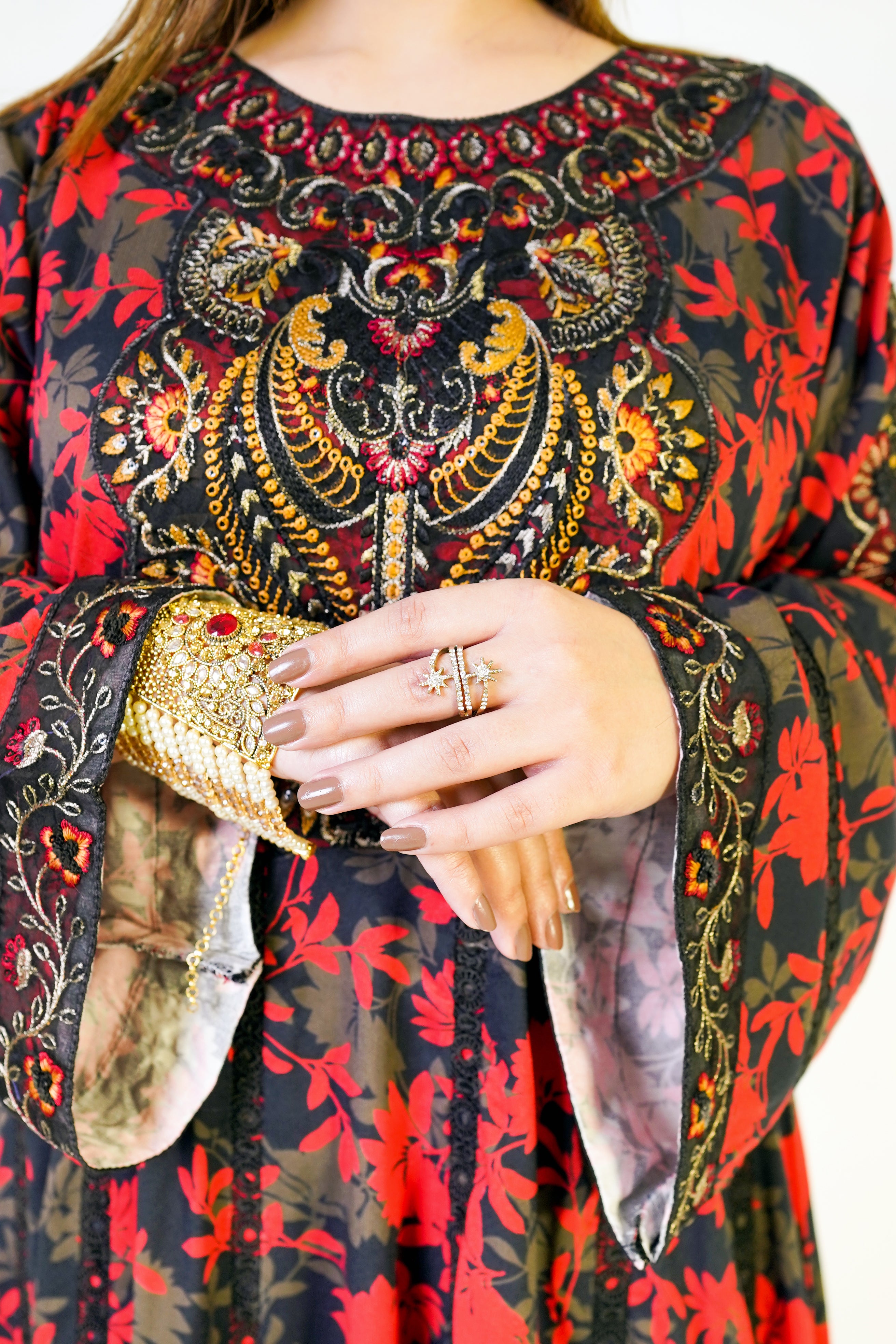 Red & Black Floral Winter Gown