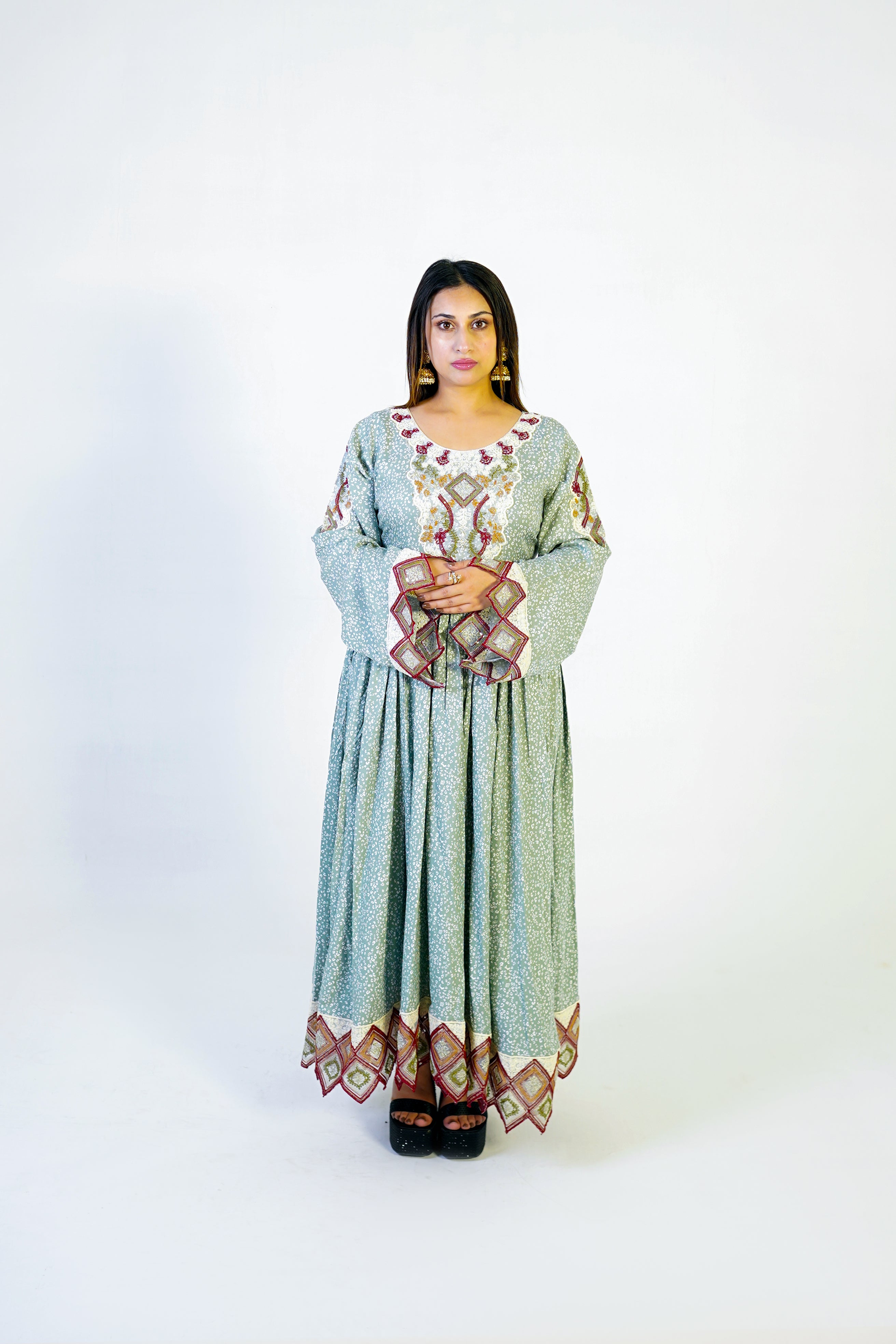 Mint Green Embroidered Maxi Dress - Timeless Traditional Charm