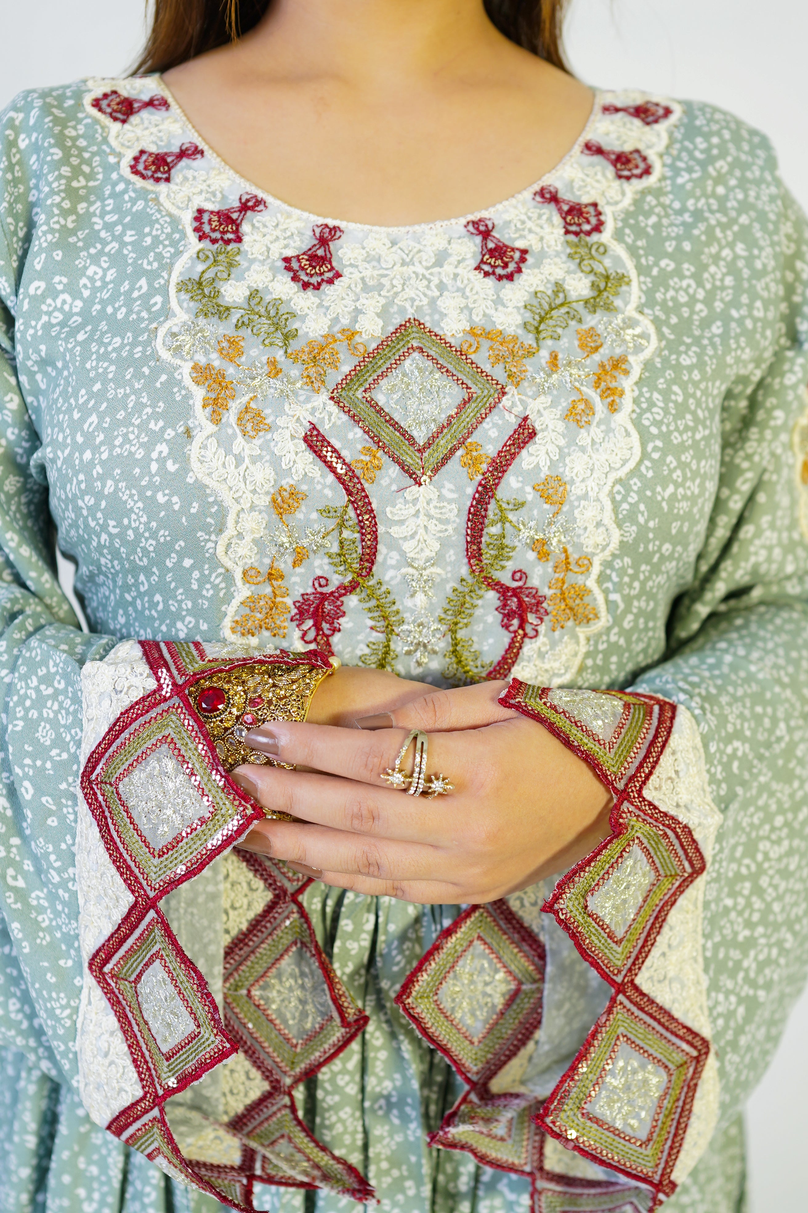 Mint Green Embroidered Maxi Dress - Timeless Traditional Charm