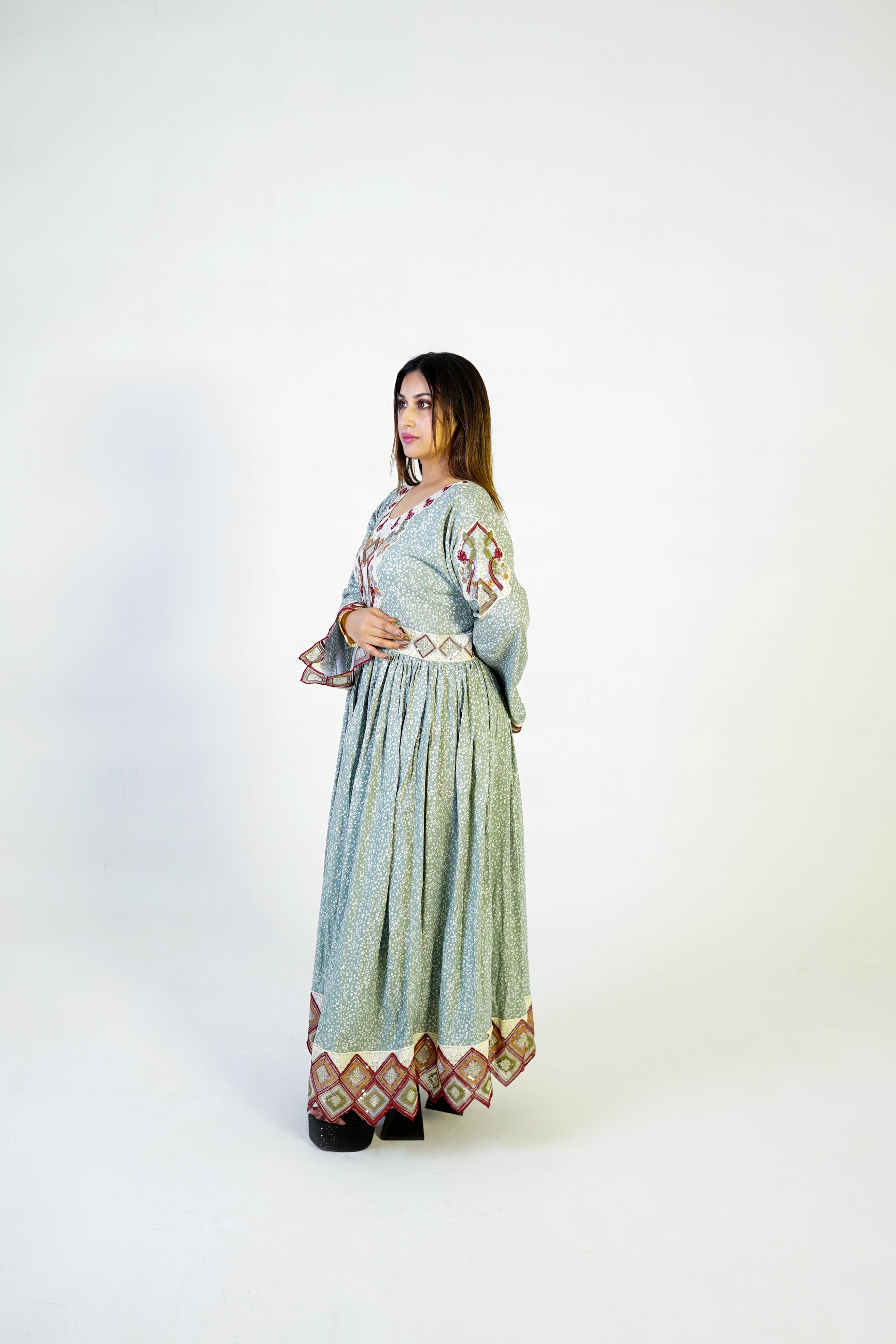 Mint Green Embroidered Maxi Dress - Timeless Traditional Charm