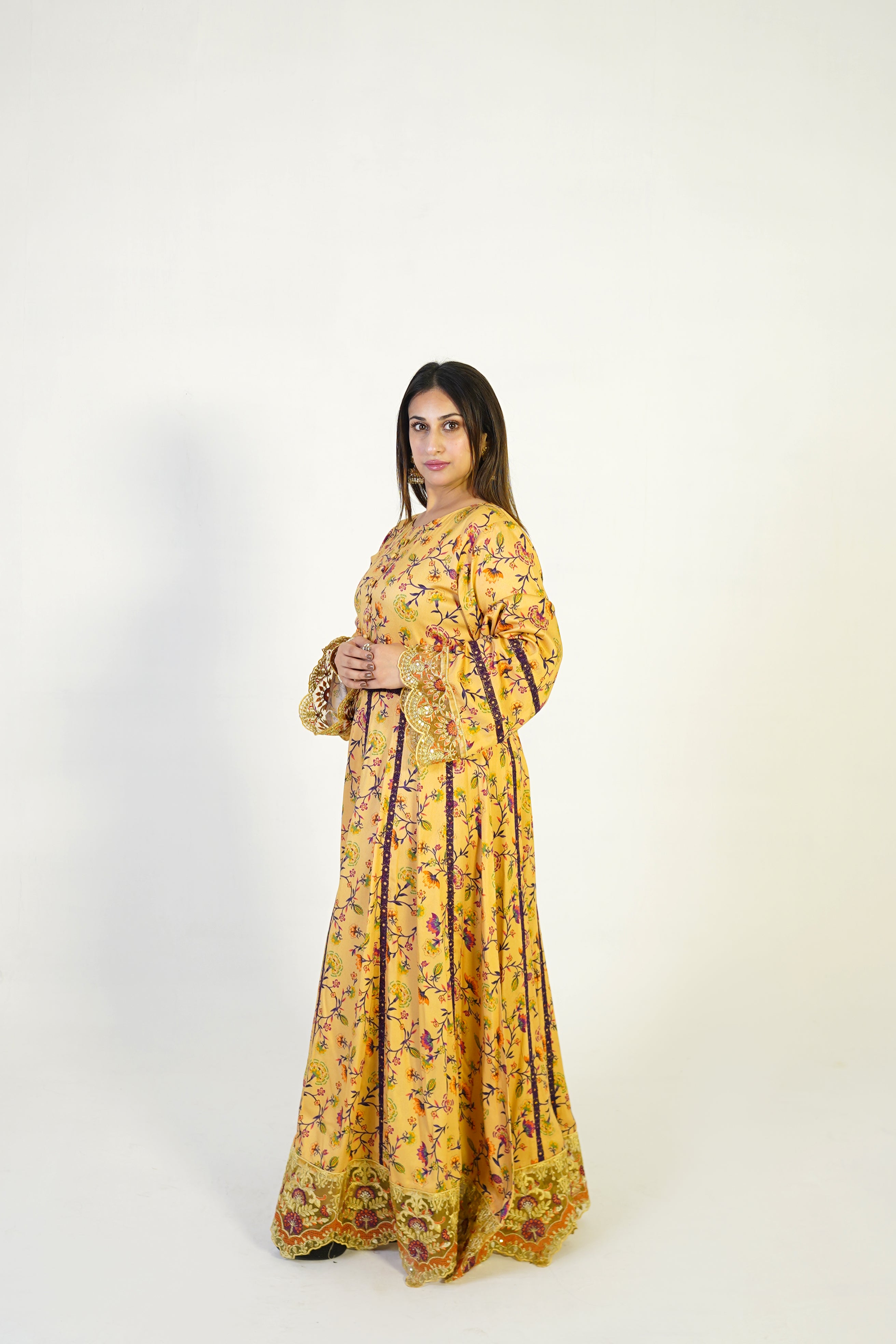 Golden Floral Embroidered Maxi Dress