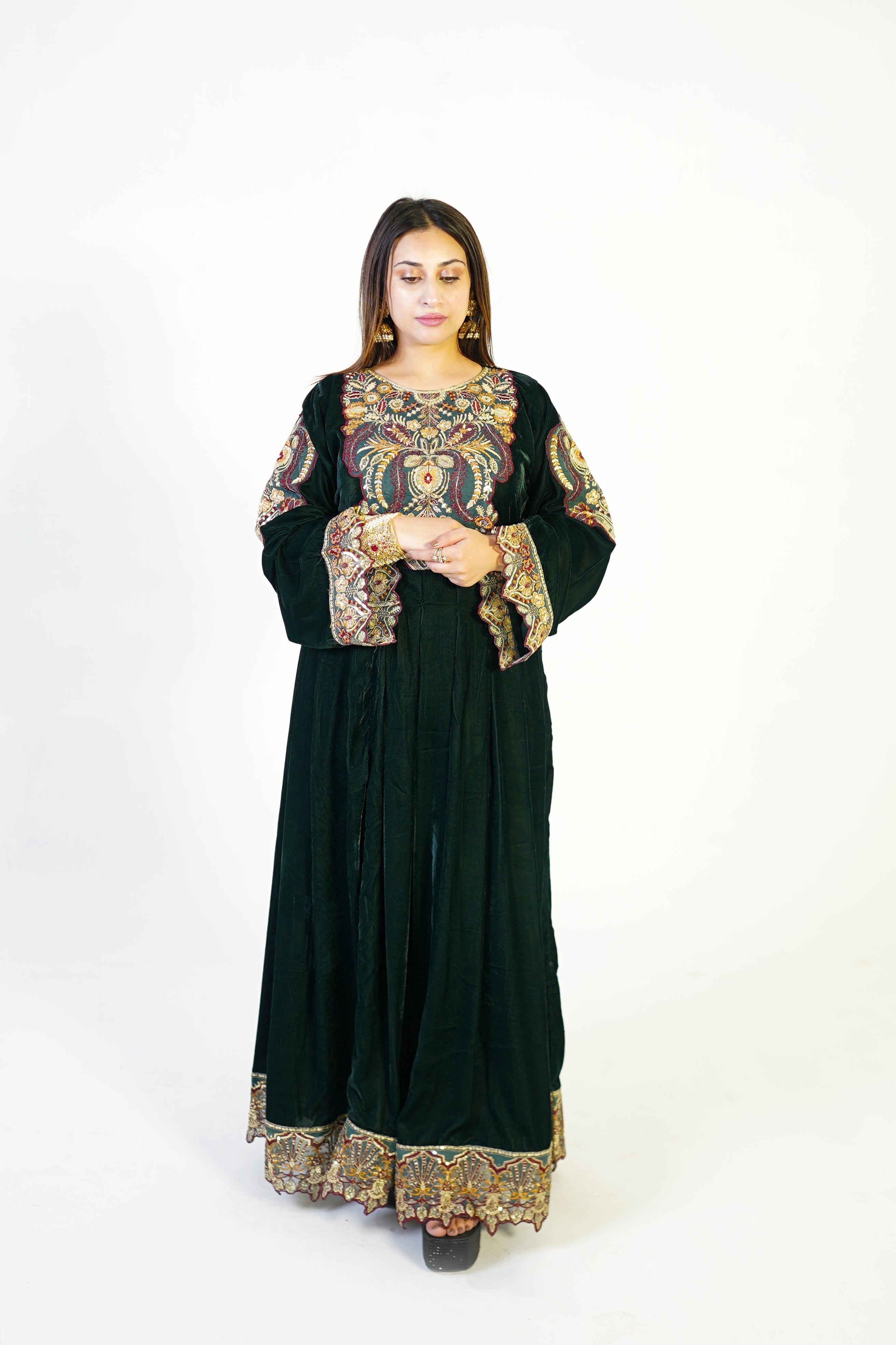 Deep Green Embroidered Velvet Gown