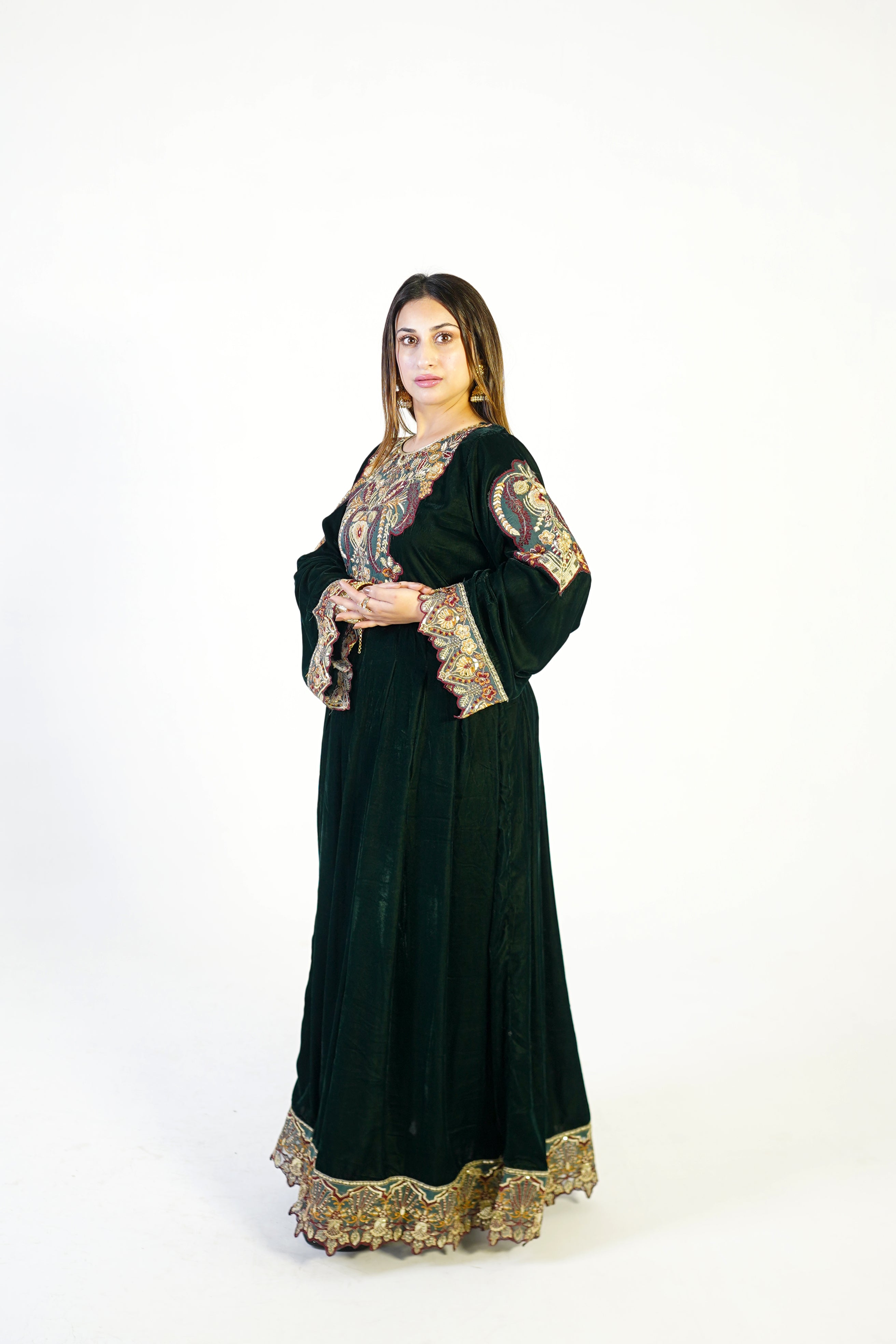 Deep Green Embroidered Velvet Gown