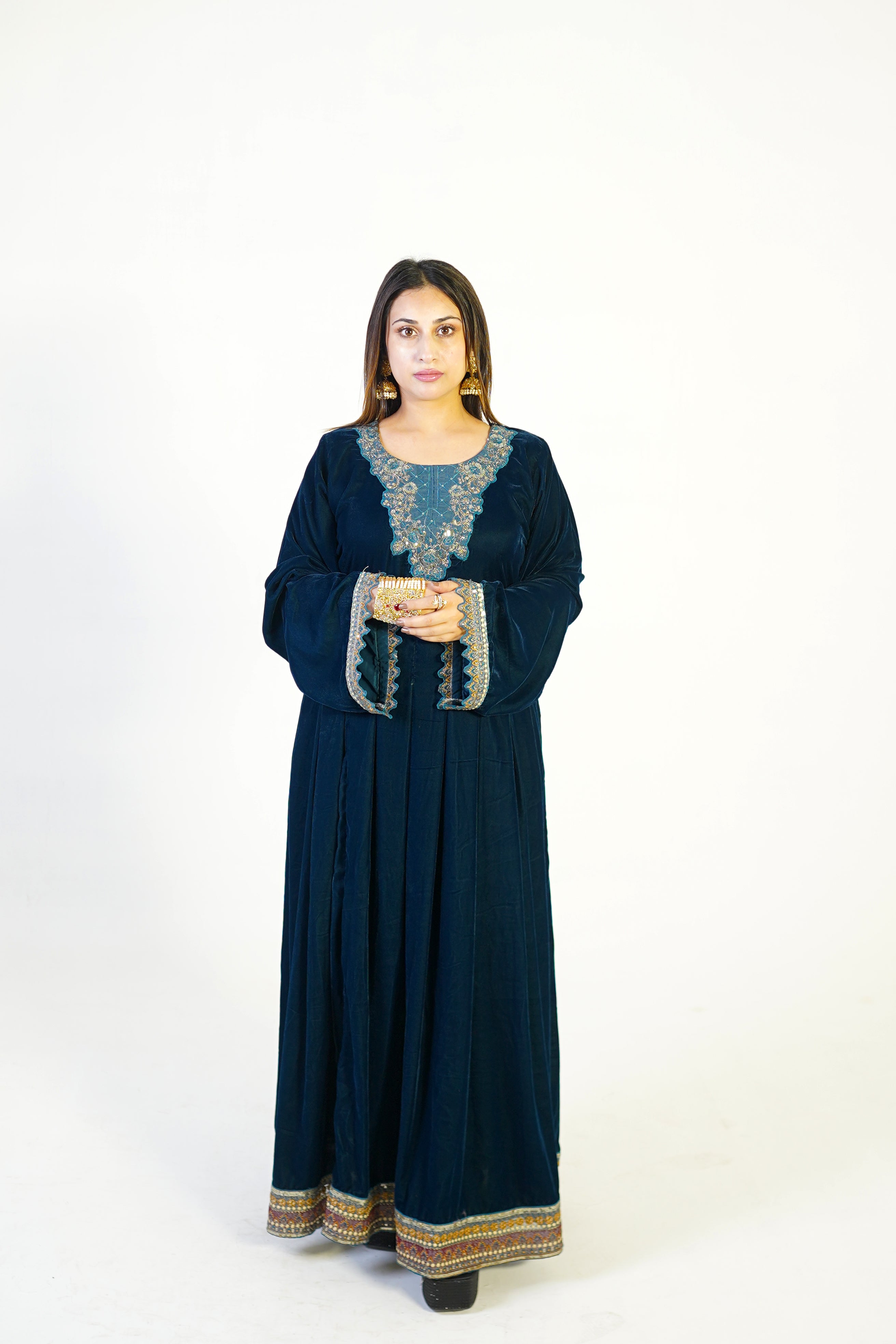 Midnight Blue Velvet Gown with Subtle Embroidery