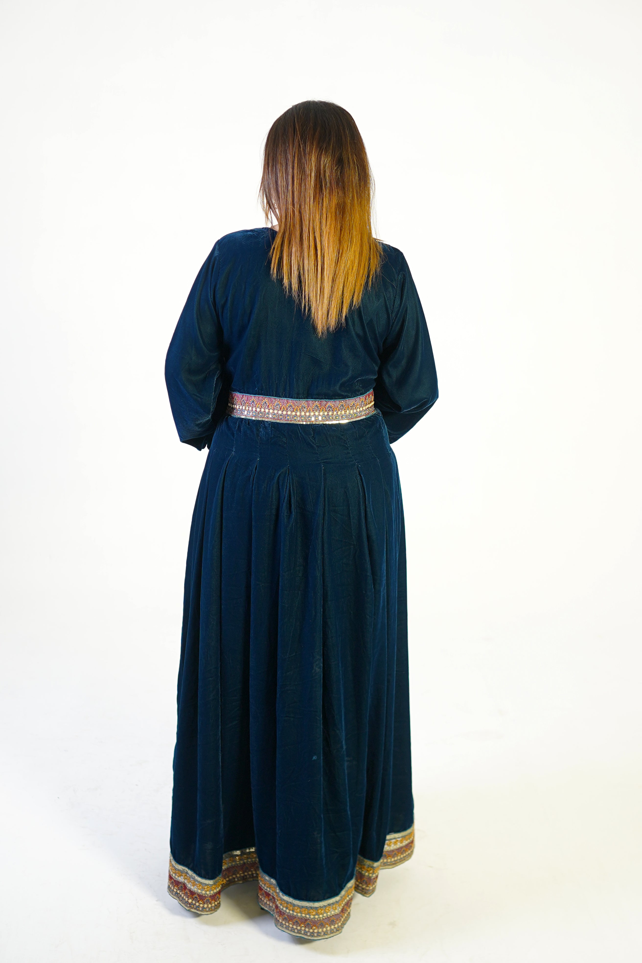 Midnight Blue Velvet Gown with Subtle Embroidery