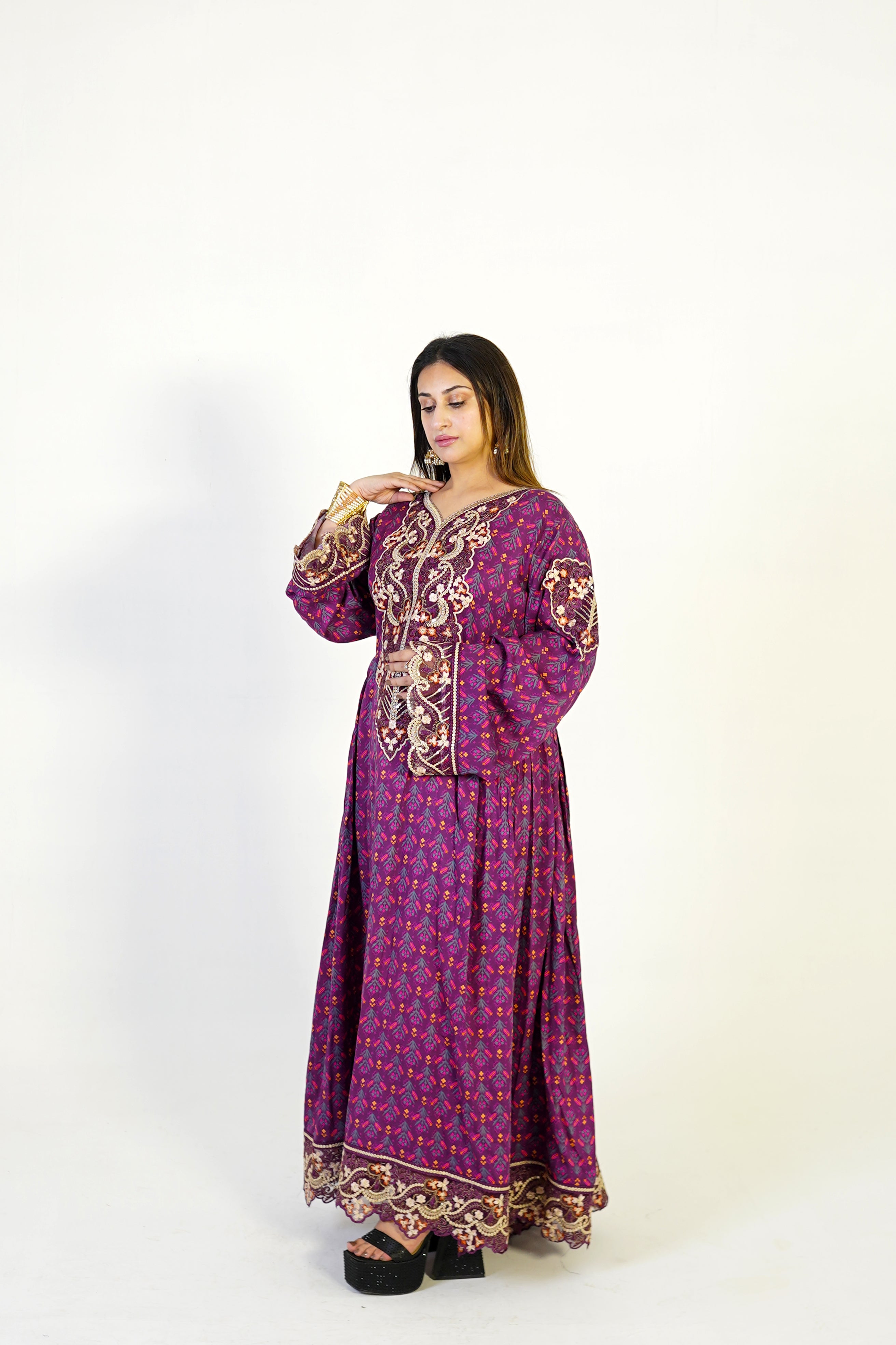 Purple Traditional Embroidered Maxi Dress