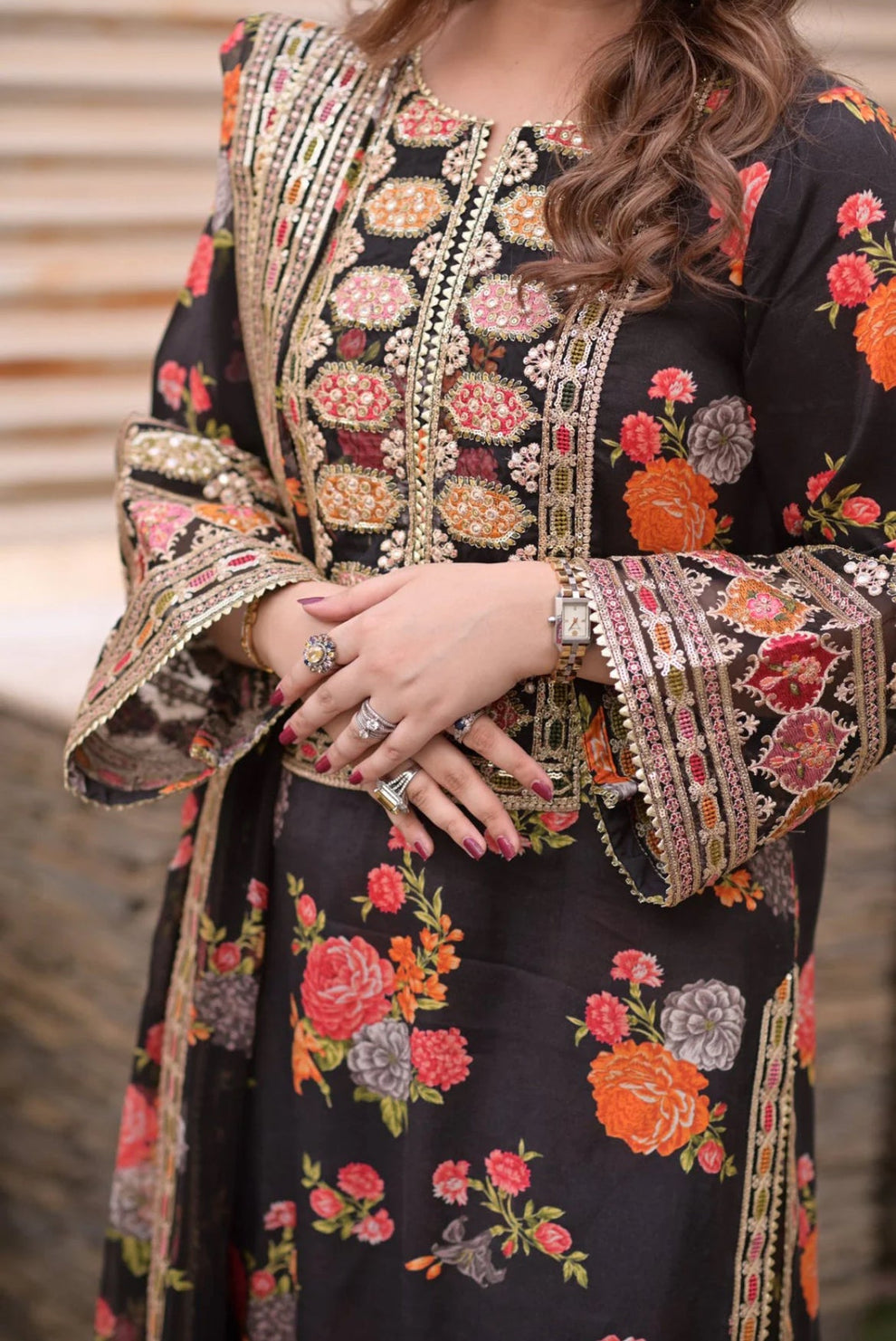 Black Floral Printed & Embroidered Winter Silk 3-Piece Suit
