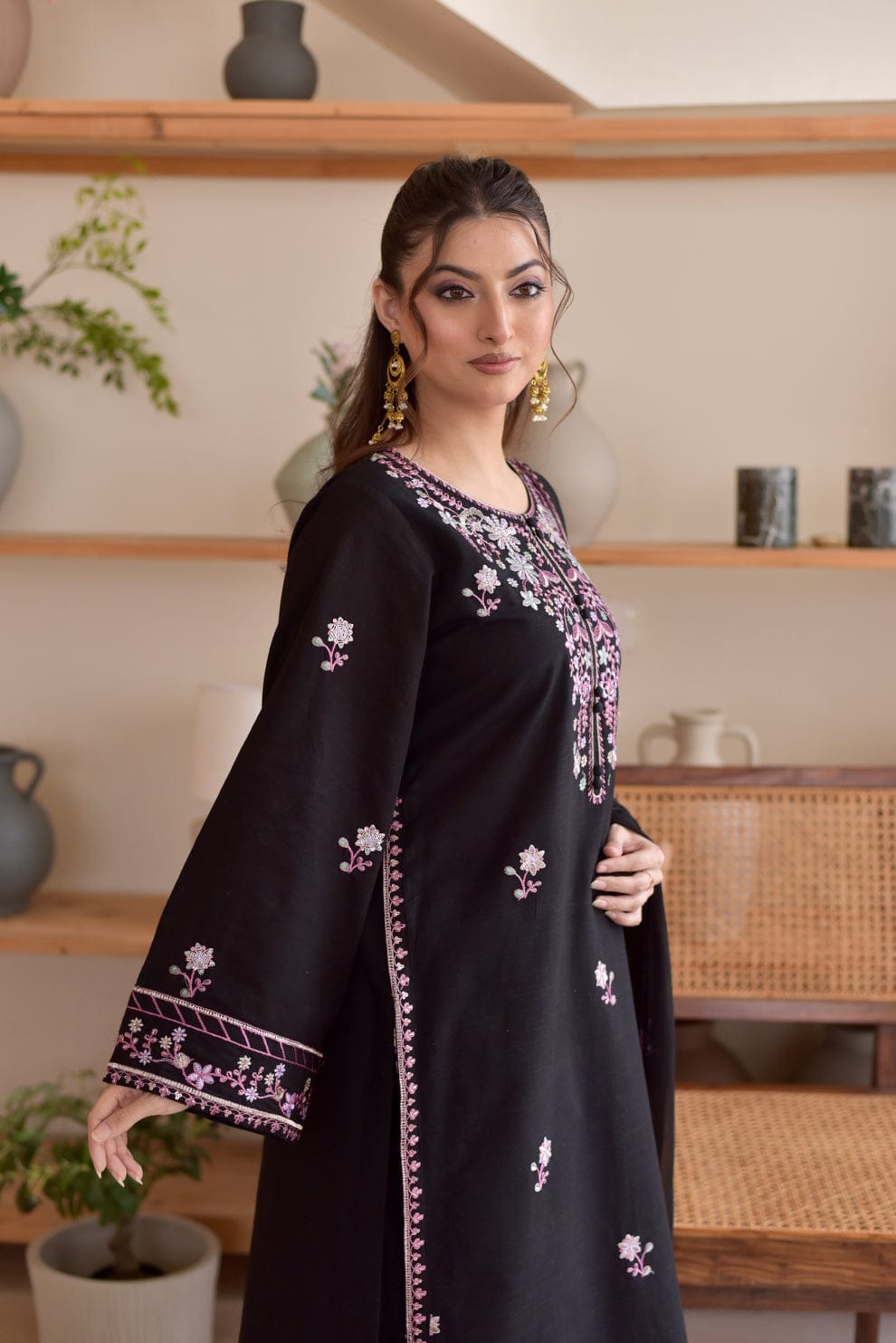 Jet Black Floral Emb