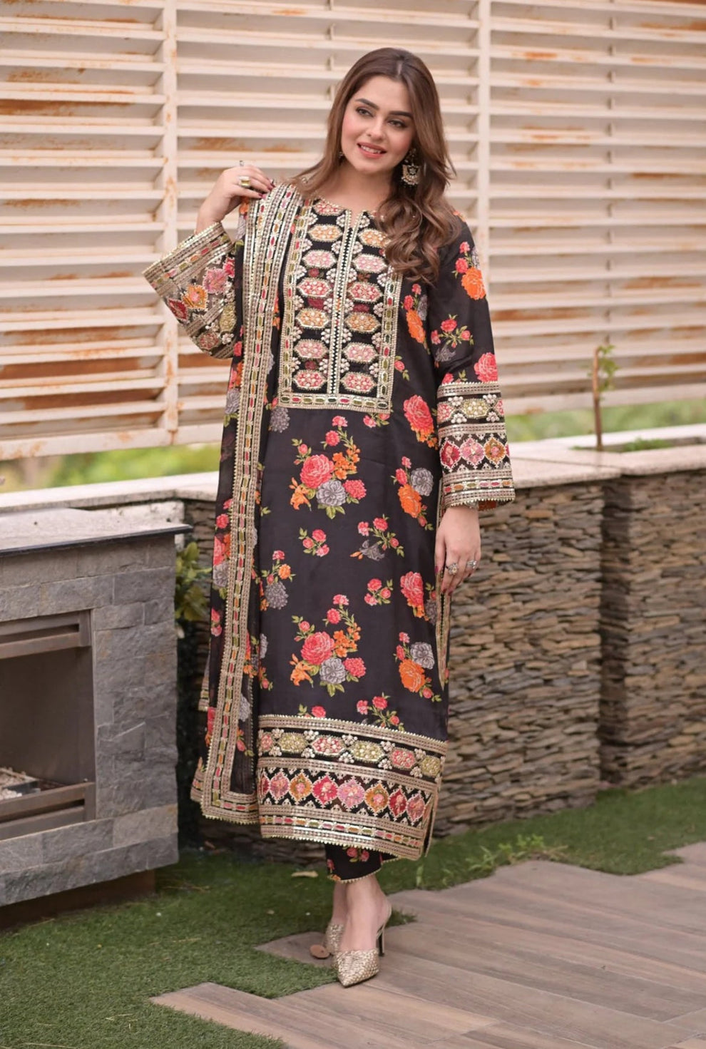 Black Floral Printed & Embroidered Winter Silk 3-Piece Suit