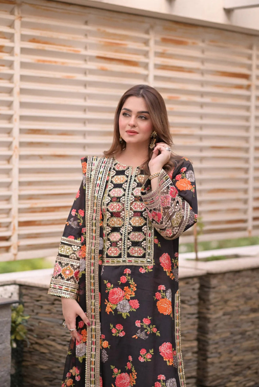 Black Floral Printed & Embroidered Winter Silk 3-Piece Suit
