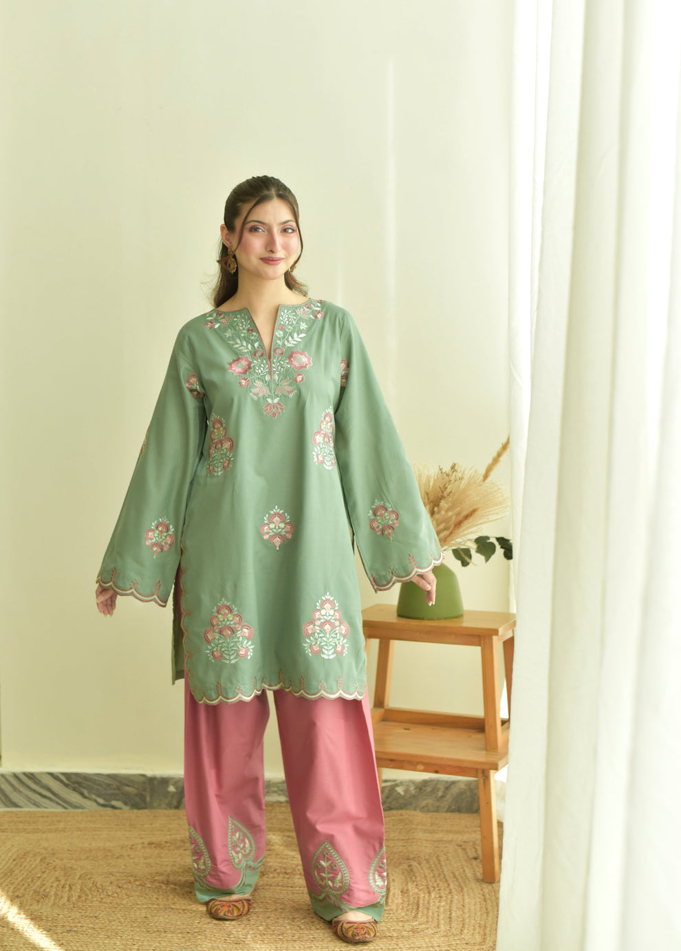 Sage Green Embroidered Winter Stone Linen 3-Piece Suit with Pink Trousers