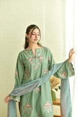 Sage Green Embroidered Winter Stone Linen 3-Piece Suit with Pink Trousers
