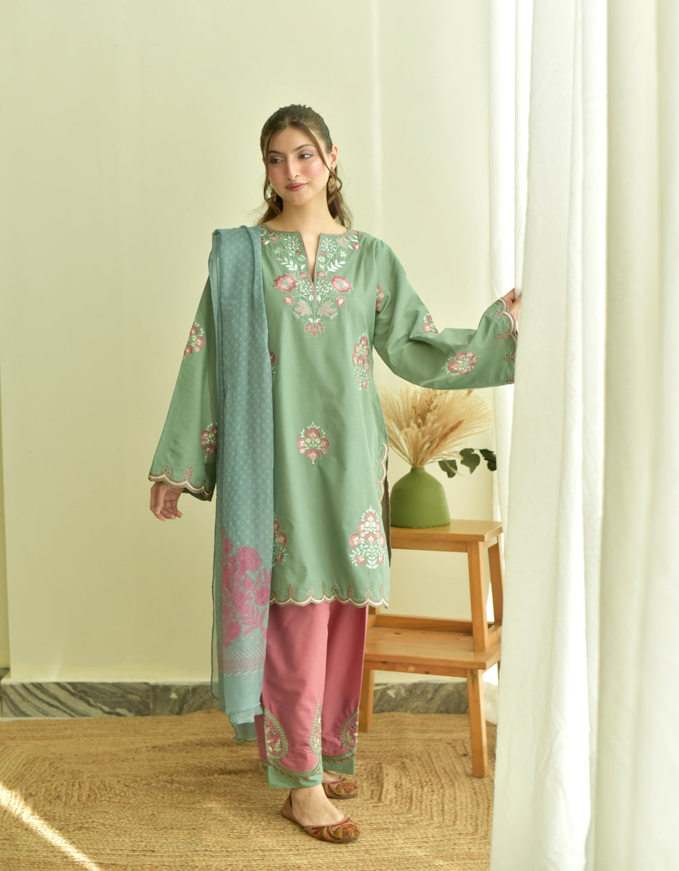 Sage Green Embroidered Winter Stone Linen 3-Piece Suit with Pink Trousers